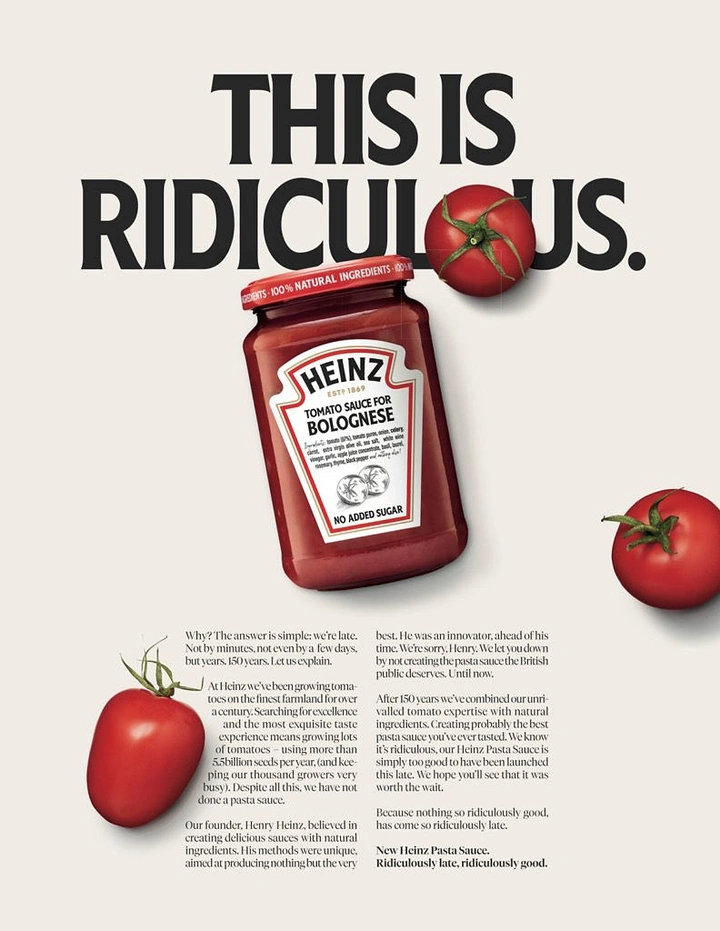 Food & Beverage creative ad: Pasta sauce jar with fresh tomatoes, one replacing a letter in the headline