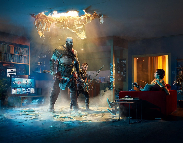 Gaming & Esports creative ad: God of War heroes crash into living room