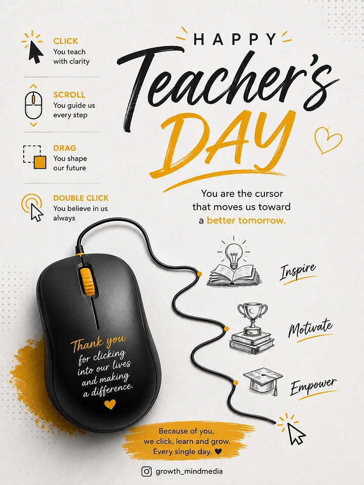 Teachers Day creative ad: Black computer mouse whose cable winds past sketched icons