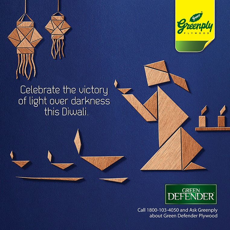 Diwali Instagram post: Tangram-style woman holding a diya, made of wood-veneer shapes