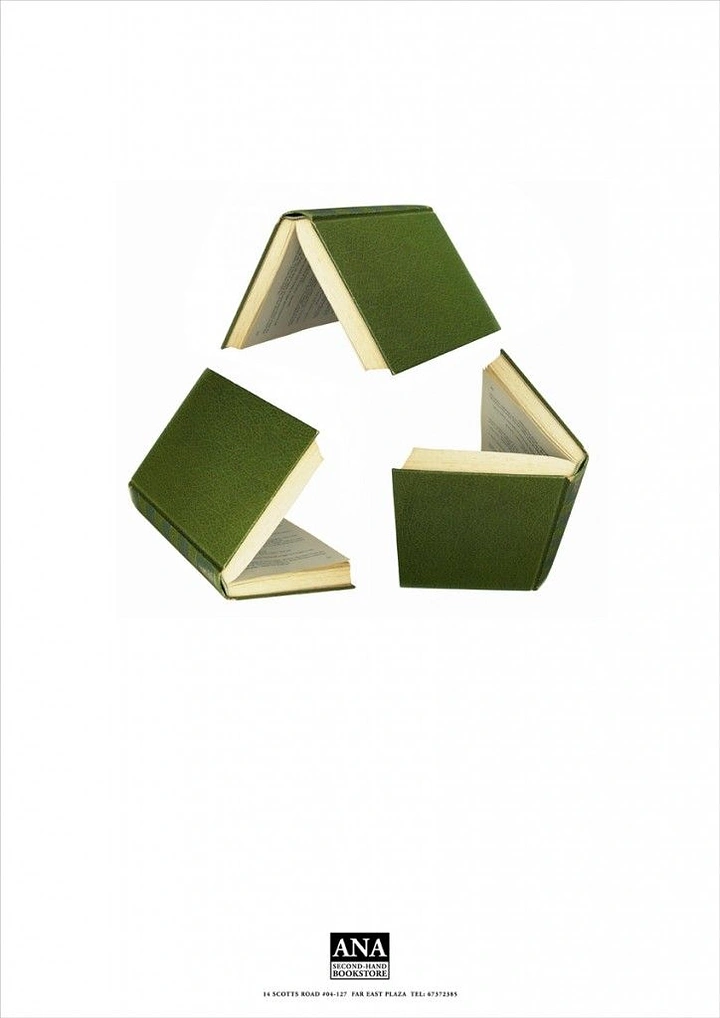Bookstores creative ad: Open books form recycling symbol
