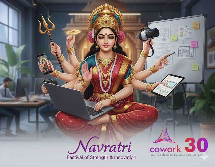 Navratri creative ad: Goddess Durga-inspired figure combining traditional symbolism with modern workplace tools
