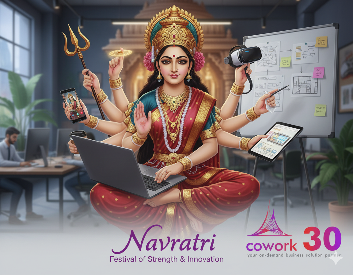 Navratri Banner: Goddess Durga-inspired figure combining traditional symbolism with modern workplace tools