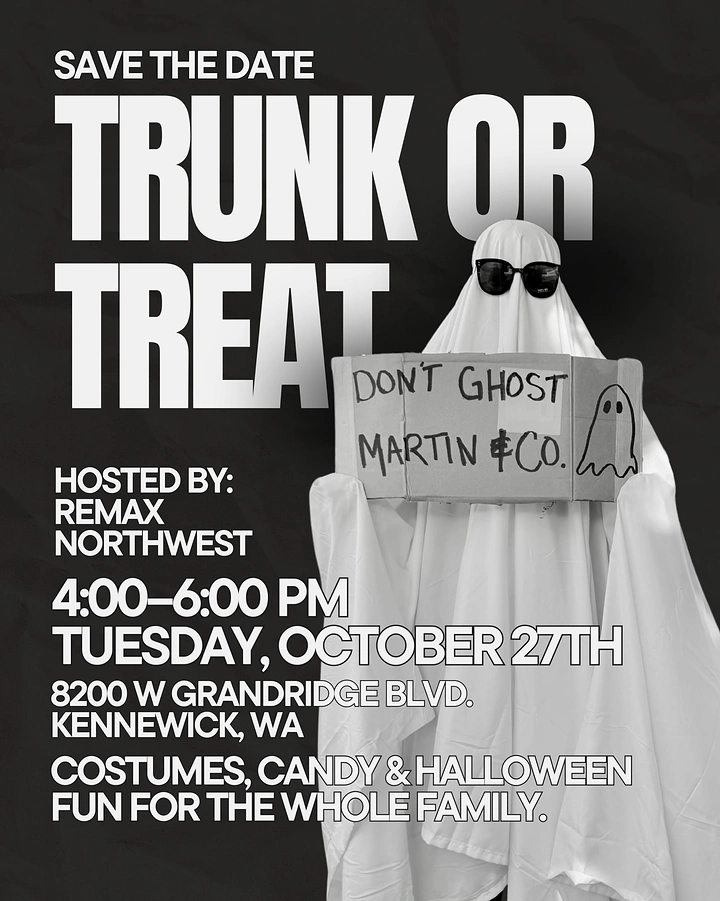 Halloween creative ad: Person in a ghost sheet with sunglasses holding a cardboard sign