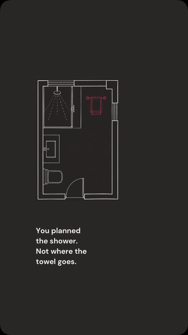 Home Renovation & Remodeling creative ad: Floorplan visualizes overlooked towel placement