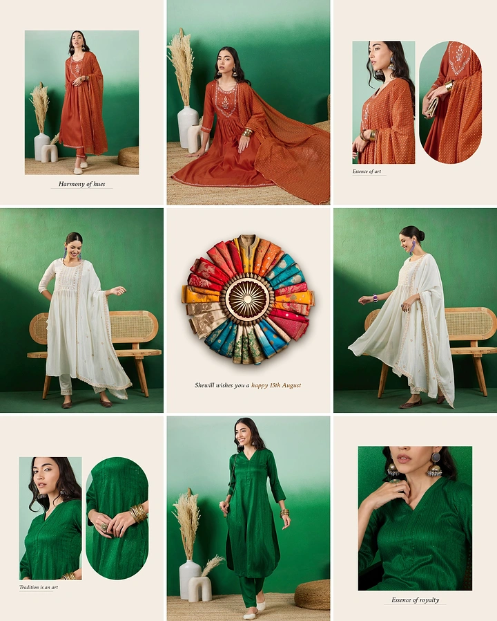 Ethnic Wear & Sarees creative ad: Feed grid forms tricolour, fabric Ashoka chakra