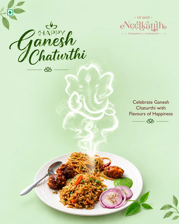 Ganesh Chaturthi creative ad: Steam rising from a plate of noodles, rice and manchurian that forms a Ganesha shape