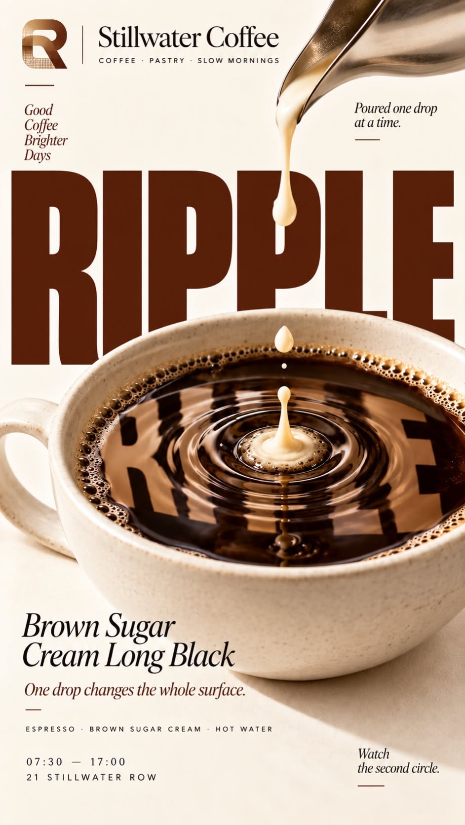 Story: Cream drop splashing into a black coffee cup