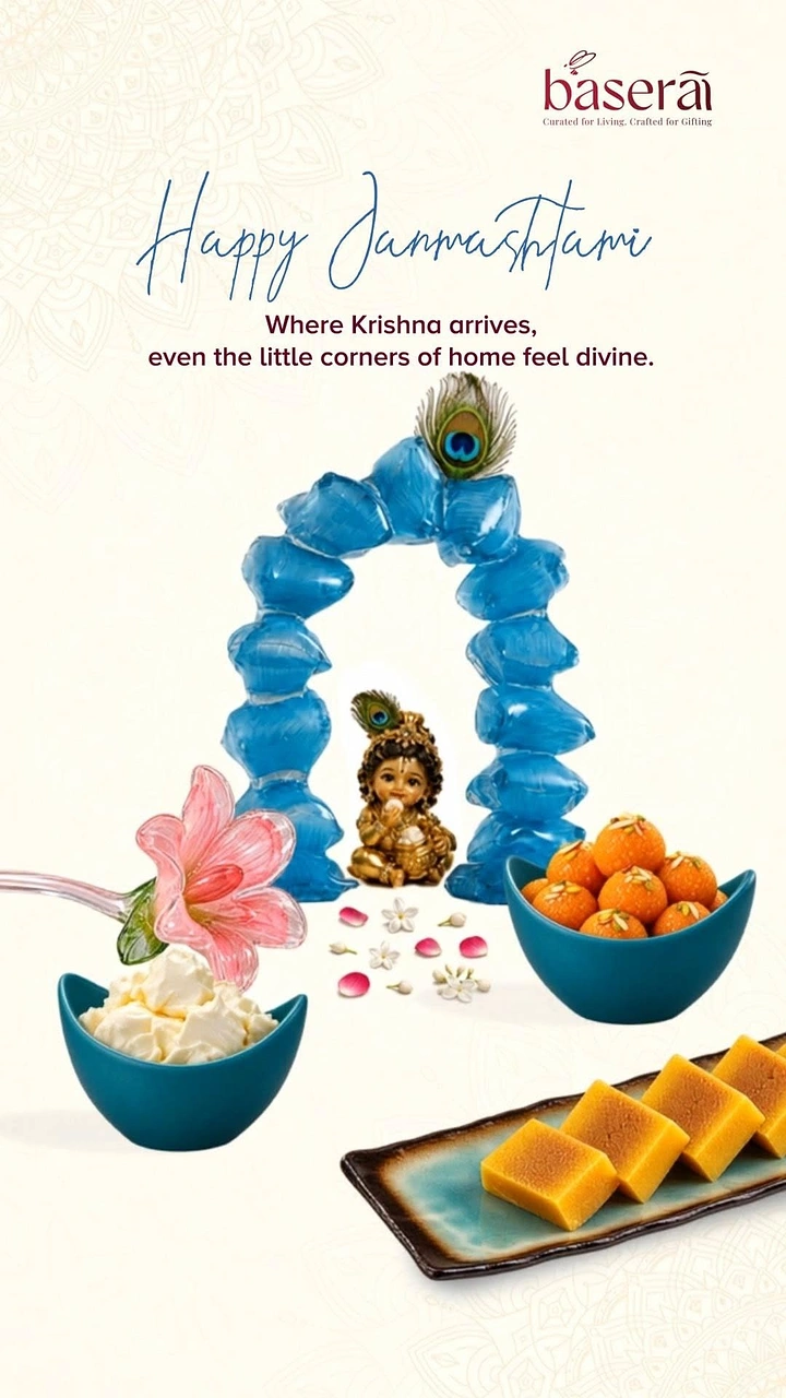 Janmashtami creative ad: Baby Krishna idol under a blue glass arch with sweets in teal bowls