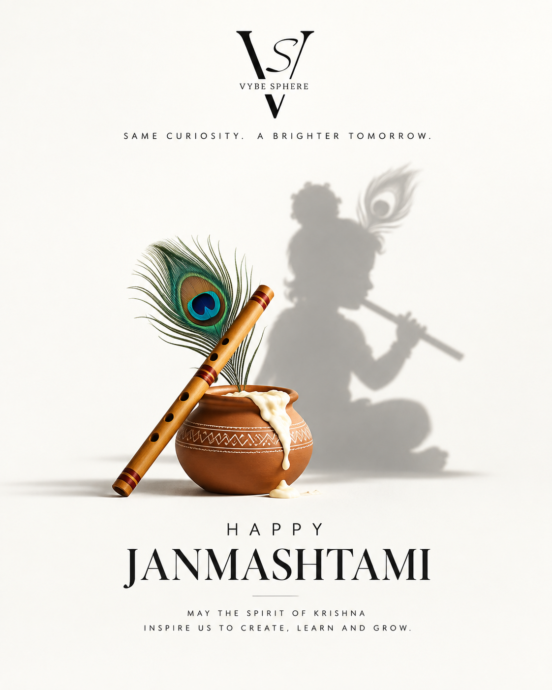 Butter pot, flute and peacock feather casting a shadow of Krishna playing flute