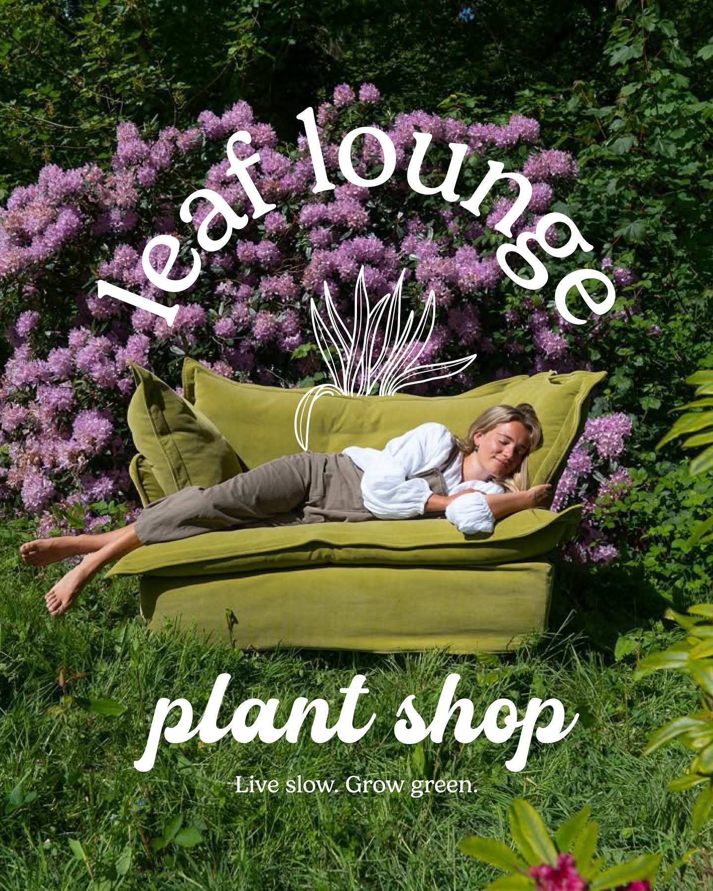 Carousel: Woman napping on green sofa in flowering garden, slide 1