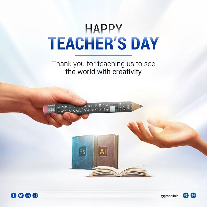 Teachers Day creative ad: One hand passing a design-tool-printed pencil to another hand