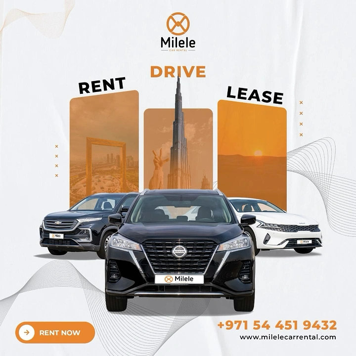 Car Rental creative ad: Rent/Drive/Lease arches framing Dubai landmarks