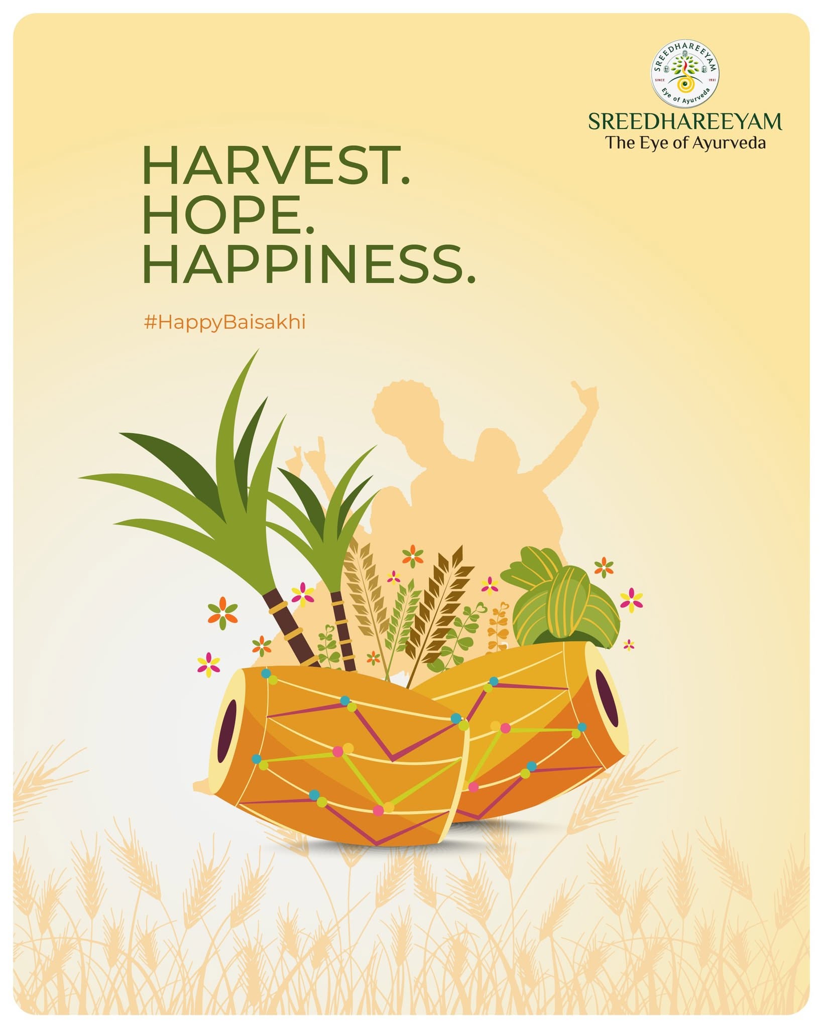 Illustrated pair of dhol drums with sugarcane and wheat
