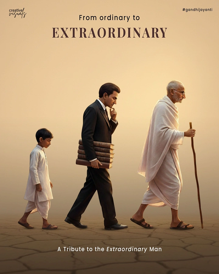 Gandhi Jayanti creative ad: Three figures of Gandhi as a boy, a suited lawyer and the elderly Mahatma walking in a line
