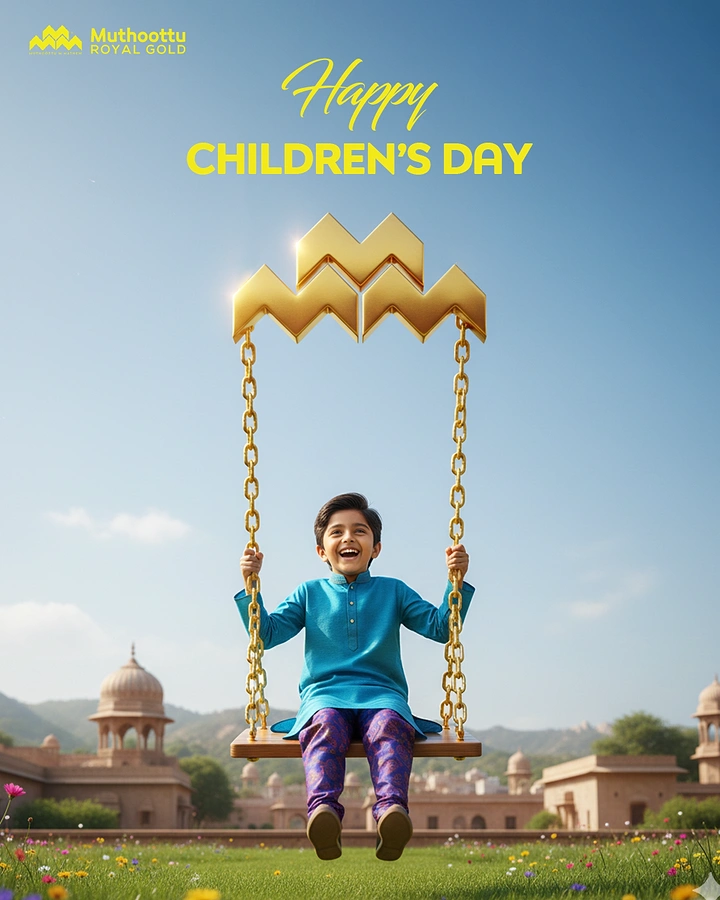 Children's Day creative ad: Laughing boy in kurta on swing hung from a giant gold logo