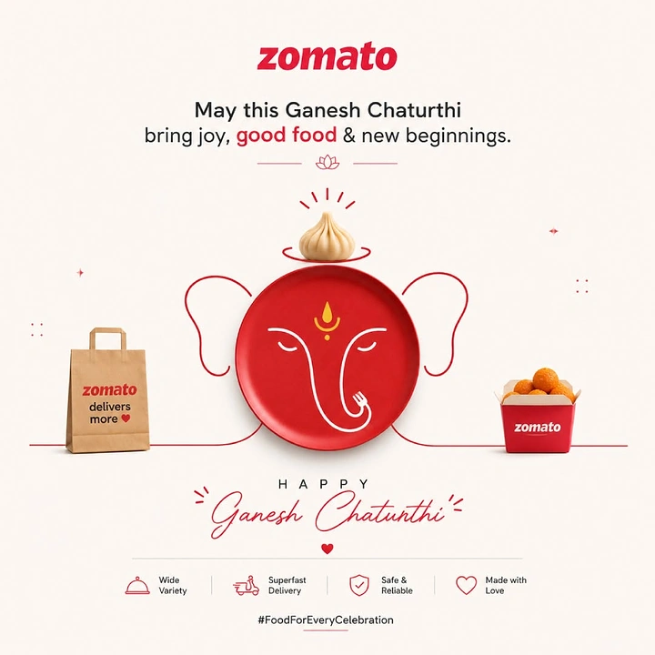 Ganesh Chaturthi creative ad: Red plate drawn as Ganesha's face, with a fork as the trunk and a modak crown