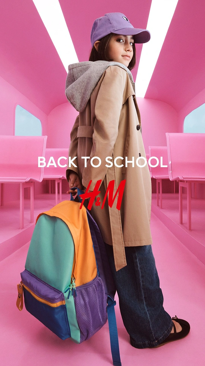 Kids Clothing creative ad: Surreal pink classroom set, back-to-school
