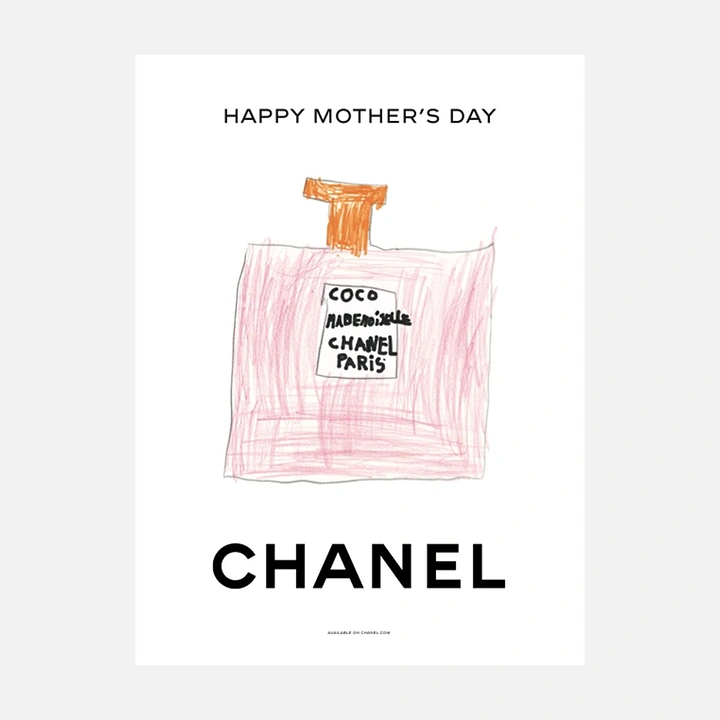 Mother's Day creative ad: Child's crayon drawing of a pink perfume bottle