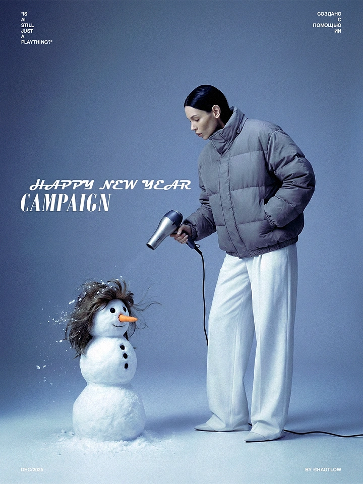 New Year creative ad: Model blow-drying the hair of a snowman