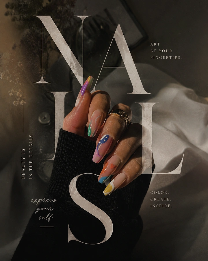 Nail Salons creative ad: Hand with colourful abstract nail art woven through giant serif letters