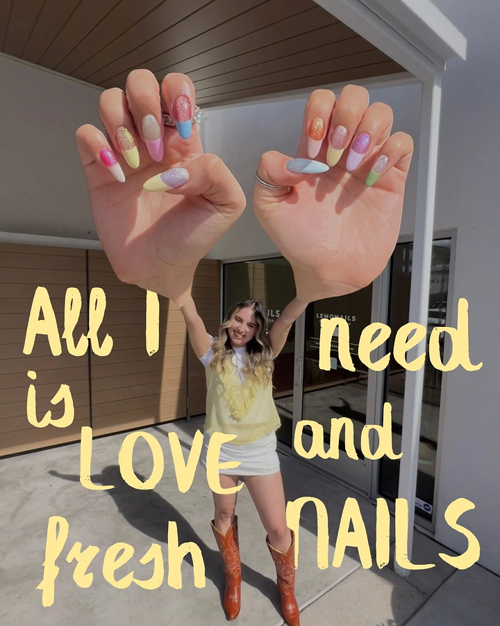 Nail Salons creative ad: Forced-perspective giant hands, handwritten nail slogan