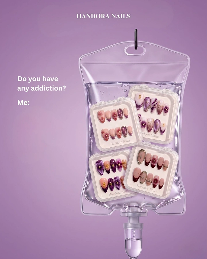 Nail Salons creative ad: Transparent IV drip bag filled with cases of press-on nails