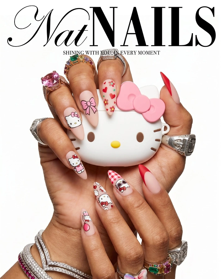 Nail Salons creative ad: Magazine-cover masthead, Hello Kitty nail art