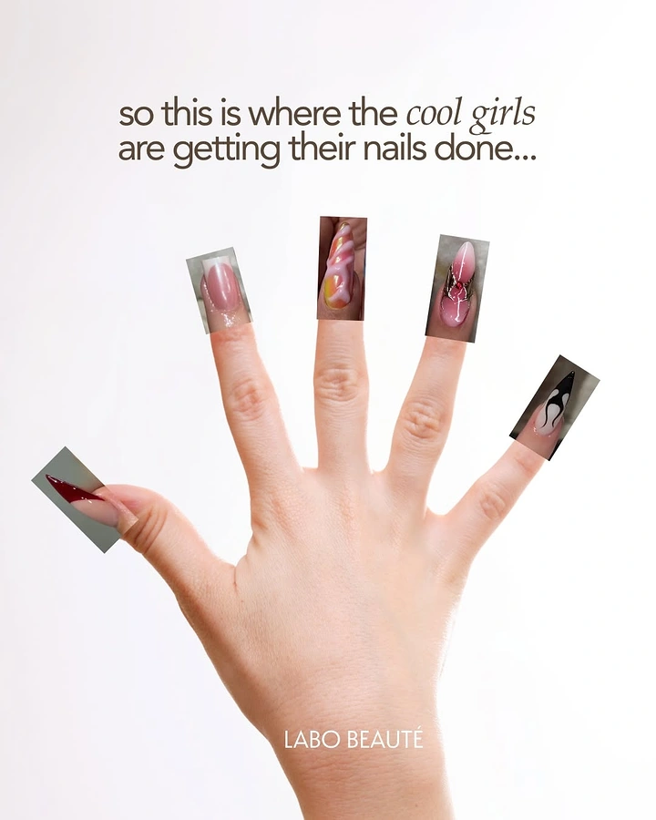 Nail Salons creative ad: Nail-art photos pasted as fingertips, witty copy