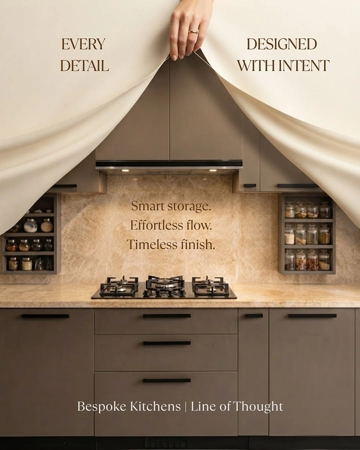 Modular Kitchens creative ad: Modular kitchen unveiled beneath a cream cloth