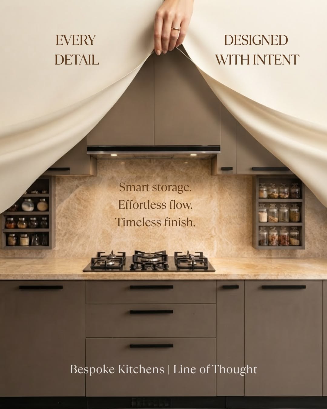 Instagram post: Modular kitchen unveiled beneath a cream cloth