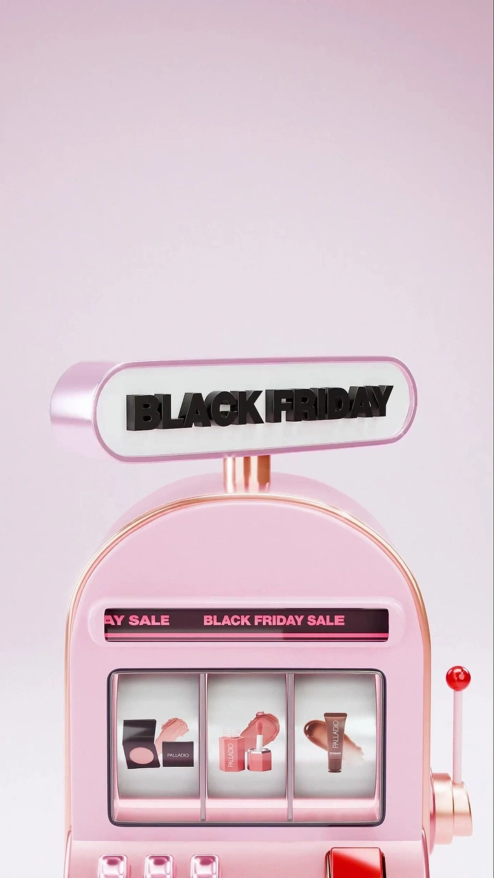 Black Friday creative ad: Pink 3D slot machine with makeup products in reels