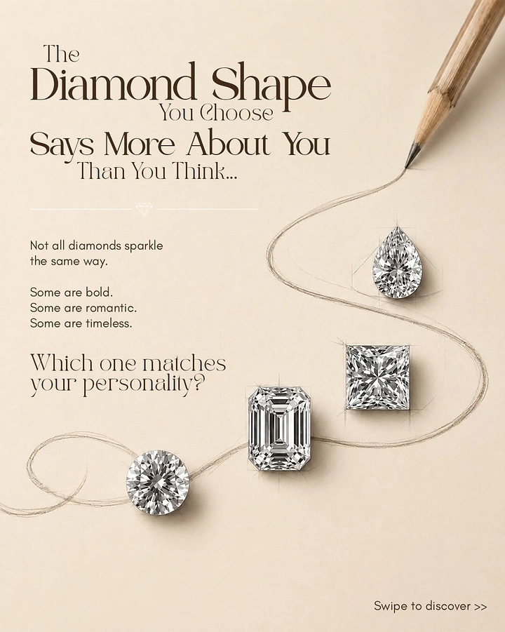 Creative ad: Four diamond cuts (round, emerald, princess, pear) linked by a hand-drawn pencil line