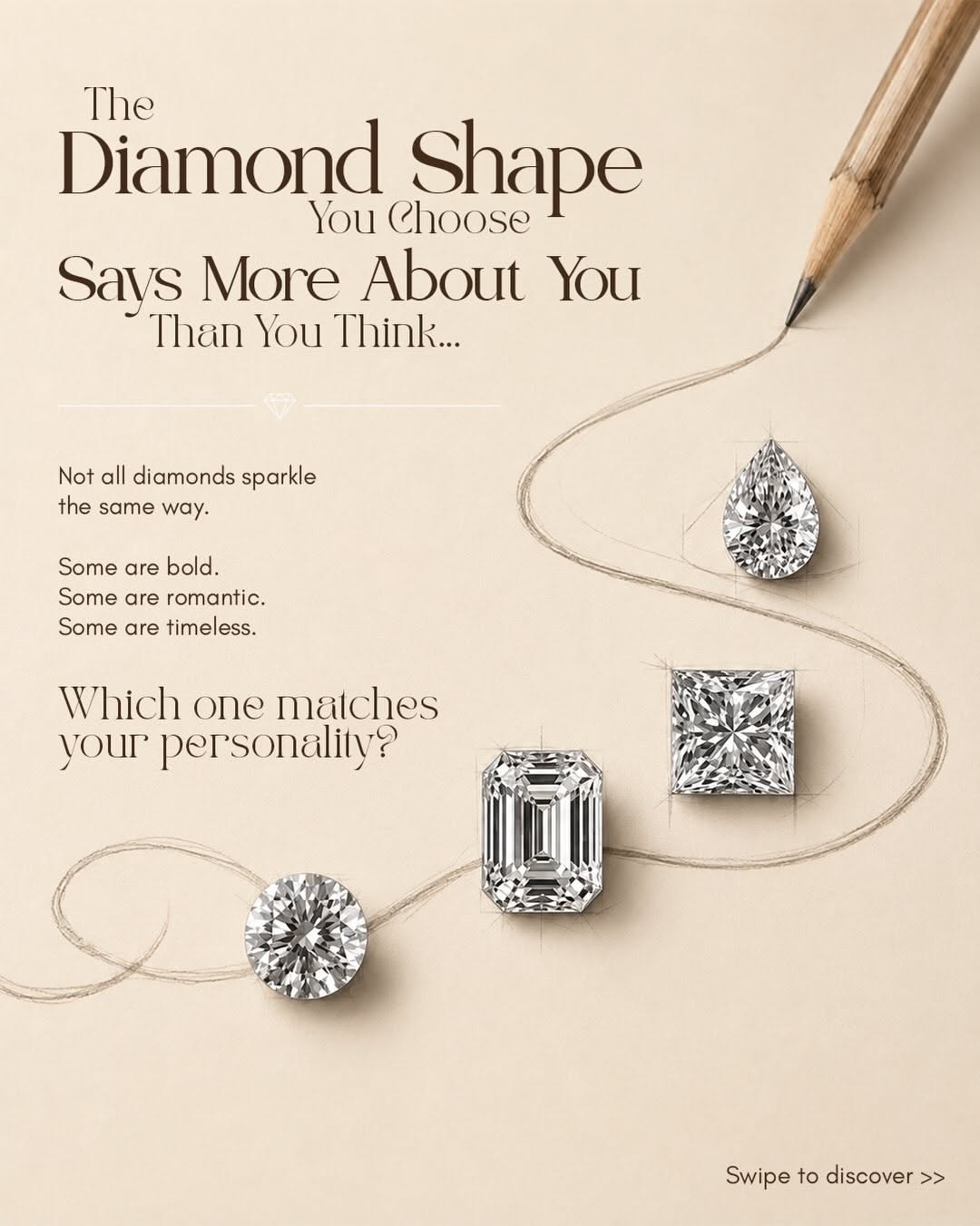 Carousel: Four diamond cuts (round, emerald, princess, pear) linked by a hand-drawn pencil line, slide 1
