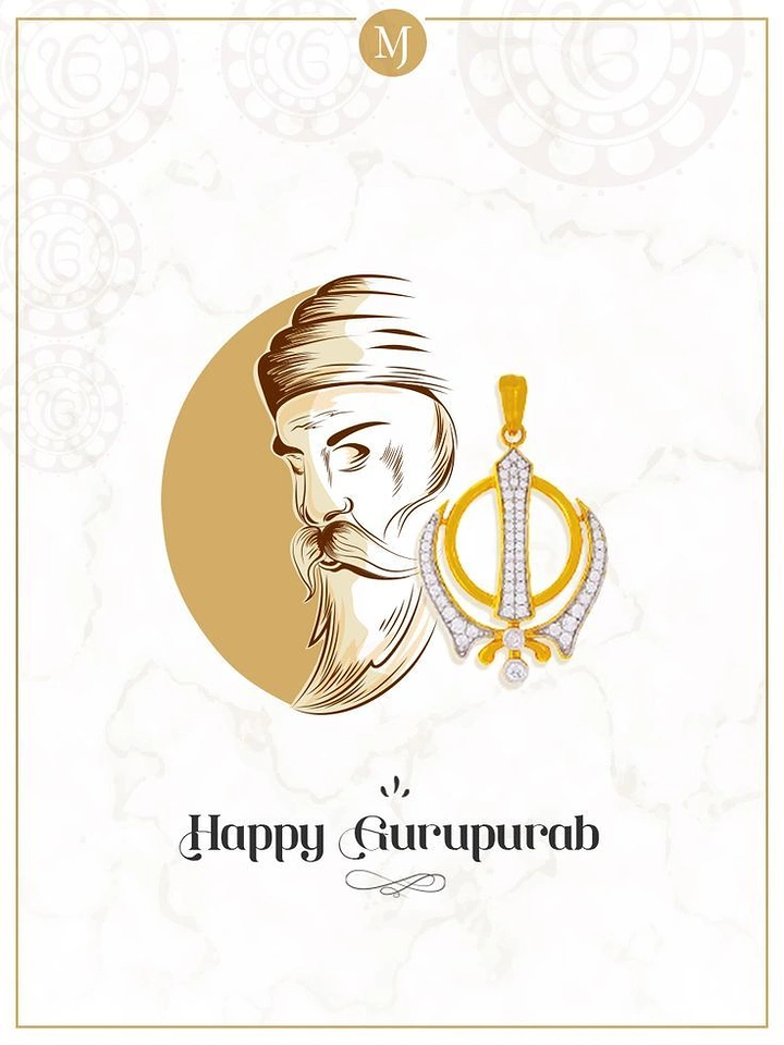 Guru Nanak Jayanti creative ad: Sketch of Guru Nanak beside a diamond-studded gold Khanda pendant