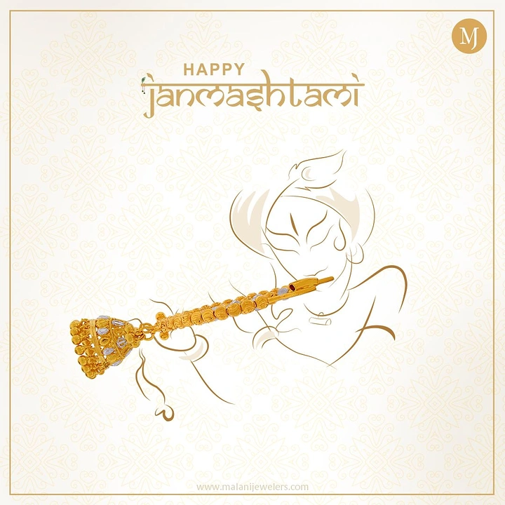 Janmashtami creative ad: Line-art Krishna playing a flute formed by a gold jhumka-style jewellery piece
