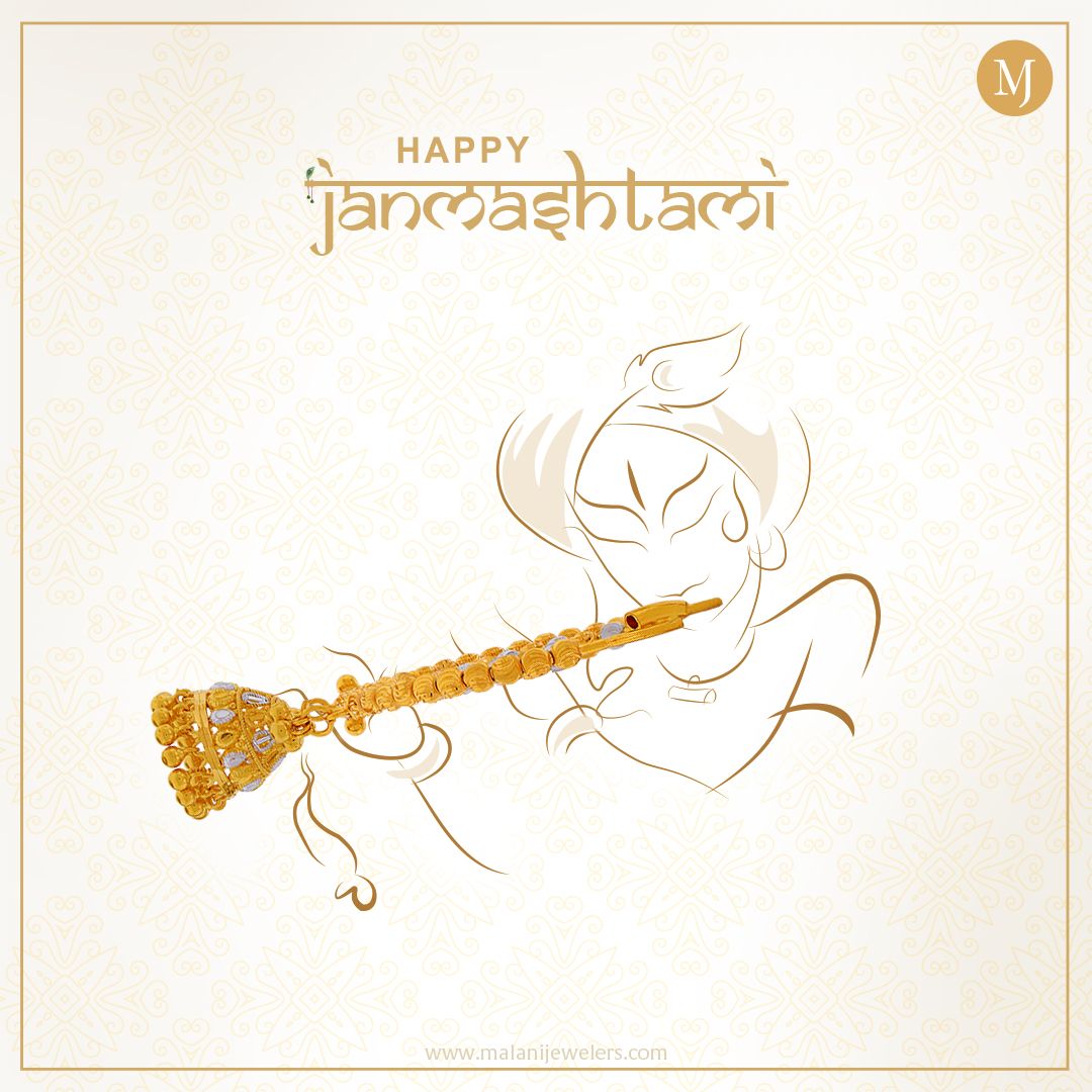 Line-art Krishna playing a flute formed by a gold jhumka-style jewellery piece