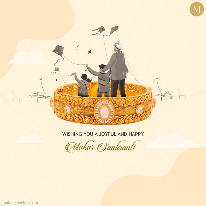 Makar Sankranti creative ad: Family flying kites while standing inside a gold kundan bangle