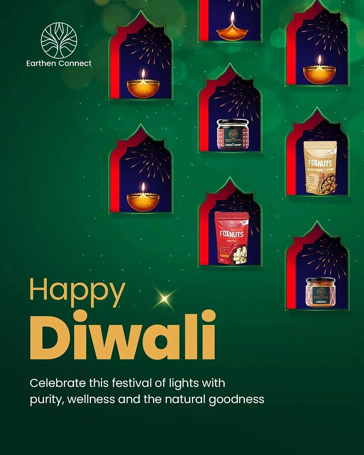 Diwali creative ad: Grid of arched windows holding diyas and product packs