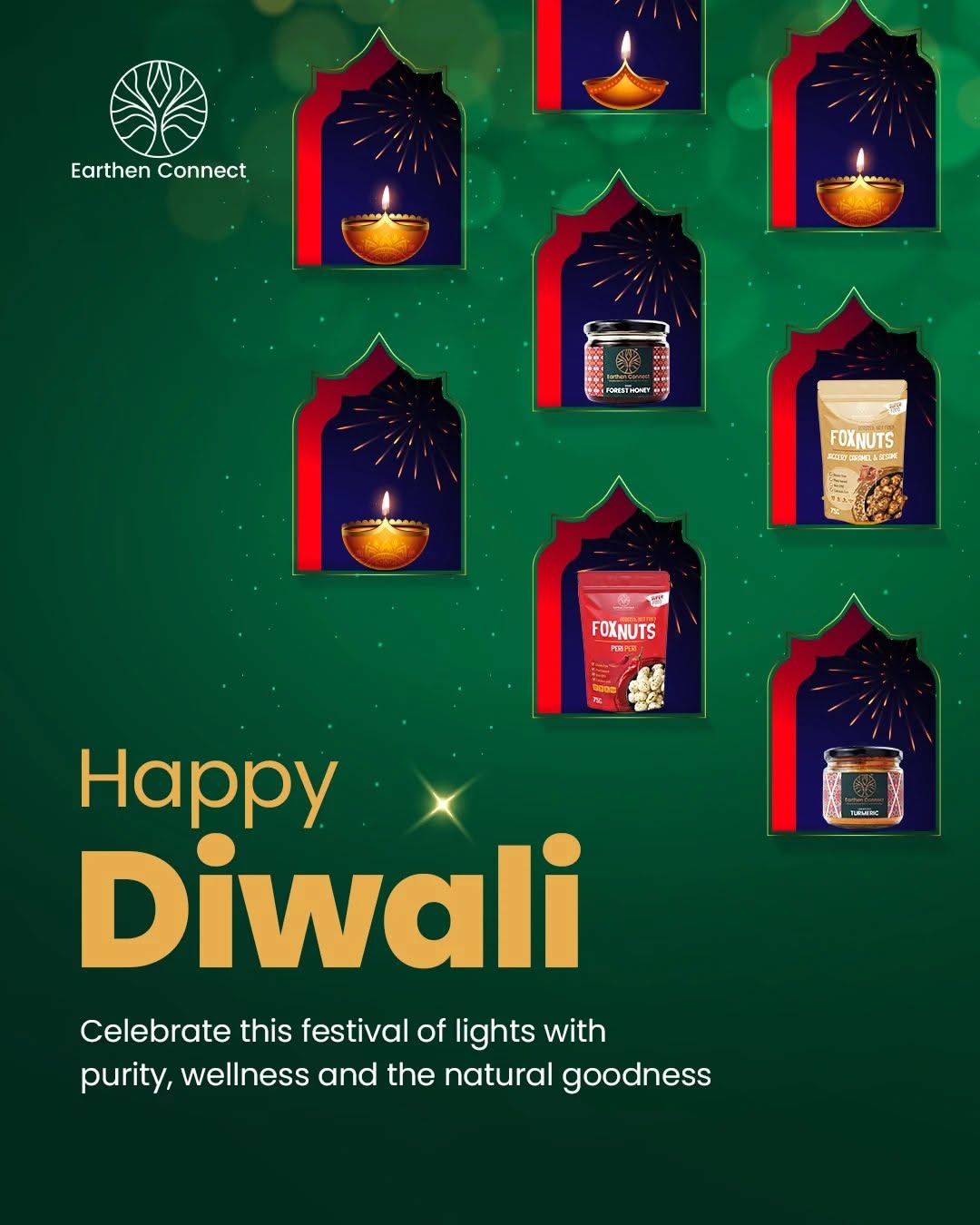 Diwali Instagram post: Grid of arched windows holding diyas and product packs