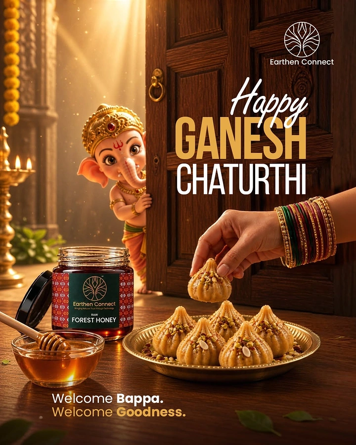 Ganesh Chaturthi creative ad: Baby Ganesha peeking from a door at modaks and a honey jar