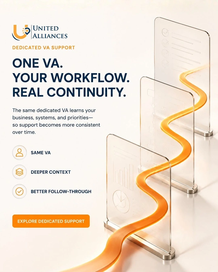 Virtual Assistant Services creative ad: Orange ribbon creates workflow continuity metaphor