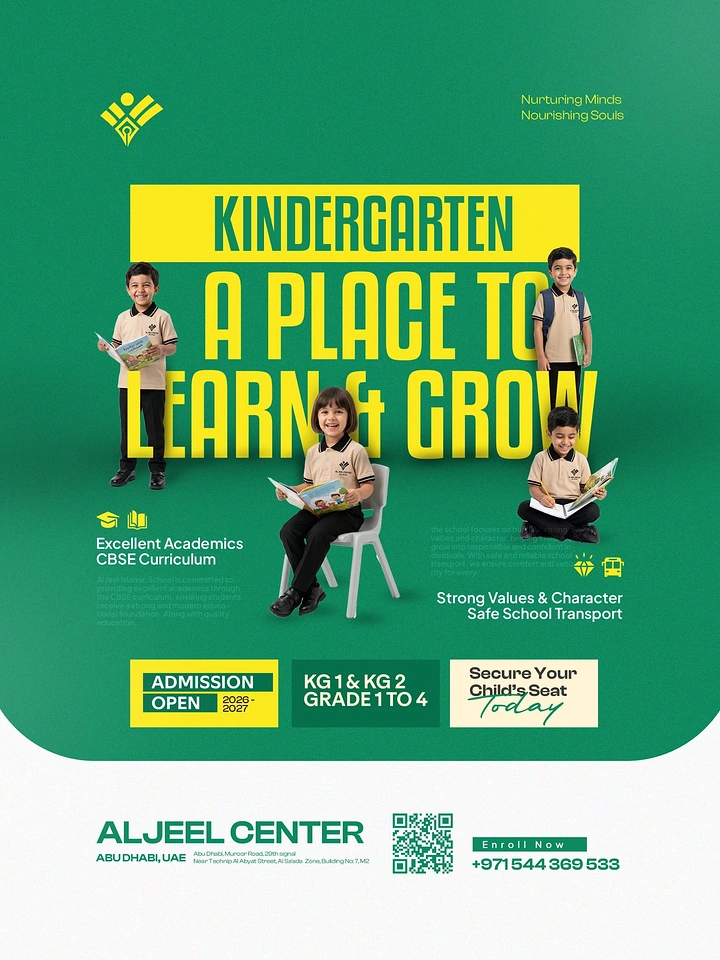 Daycare & Preschools creative ad: Smiling uniformed kindergarten children reading books around big headline