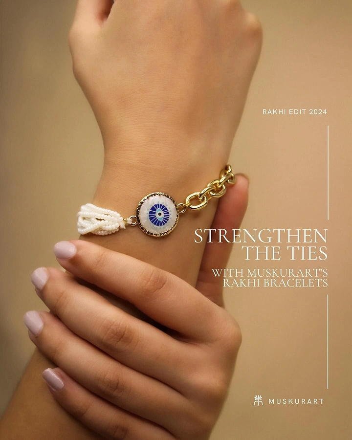 Raksha Bandhan creative ad: Wrist wearing an evil-eye pearl and gold rakhi bracelet