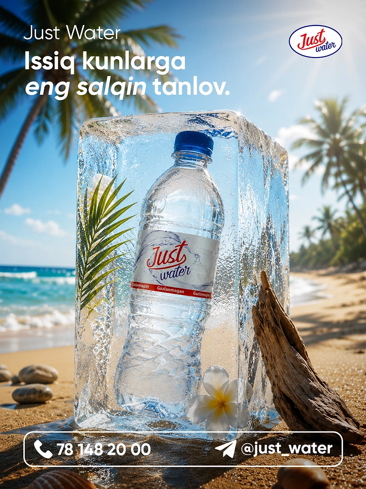 Packaged Drinking Water creative ad: Bottle frozen inside tropical ice block