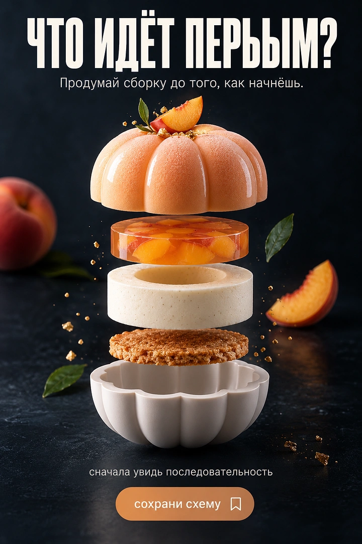 Creative ad: Exploded view of a peach entremet's stacked layers