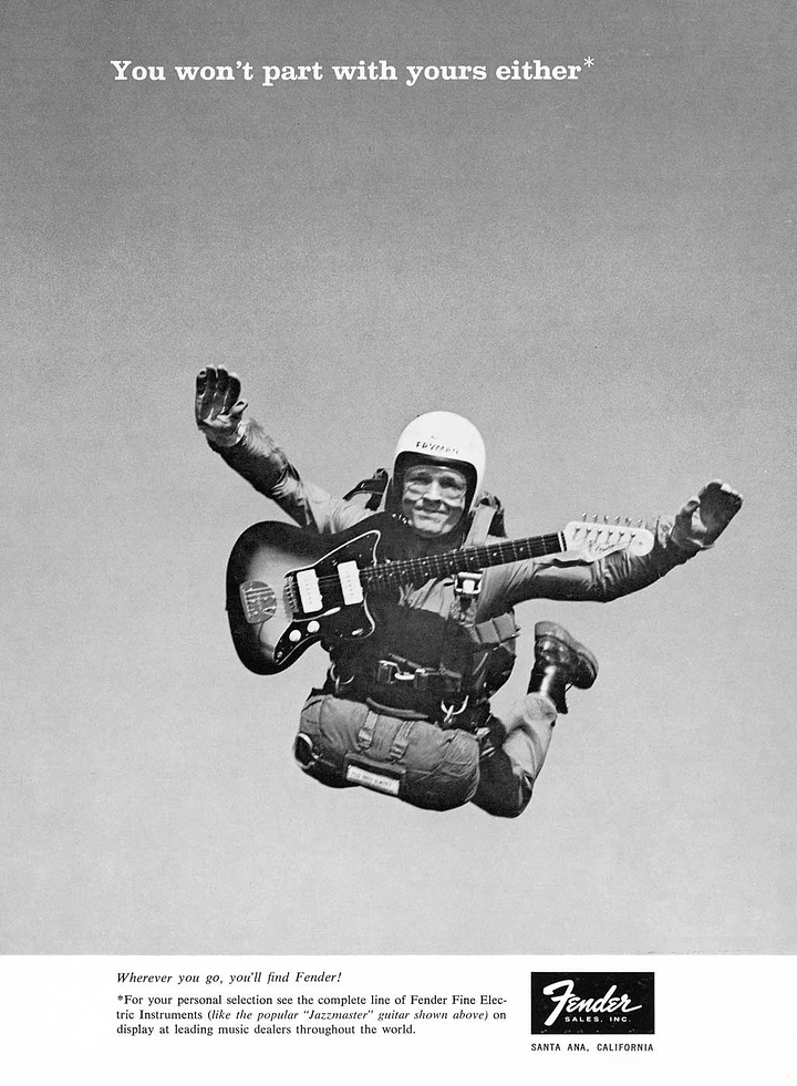 Musical Instrument Stores creative ad: Skydiver in free fall holding an electric guitar