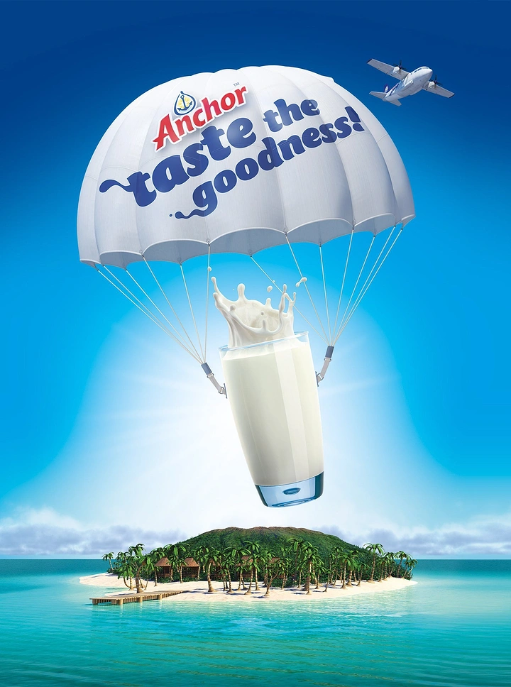 Dairy Brands creative ad: Milk glass parachuting, taste drop pun