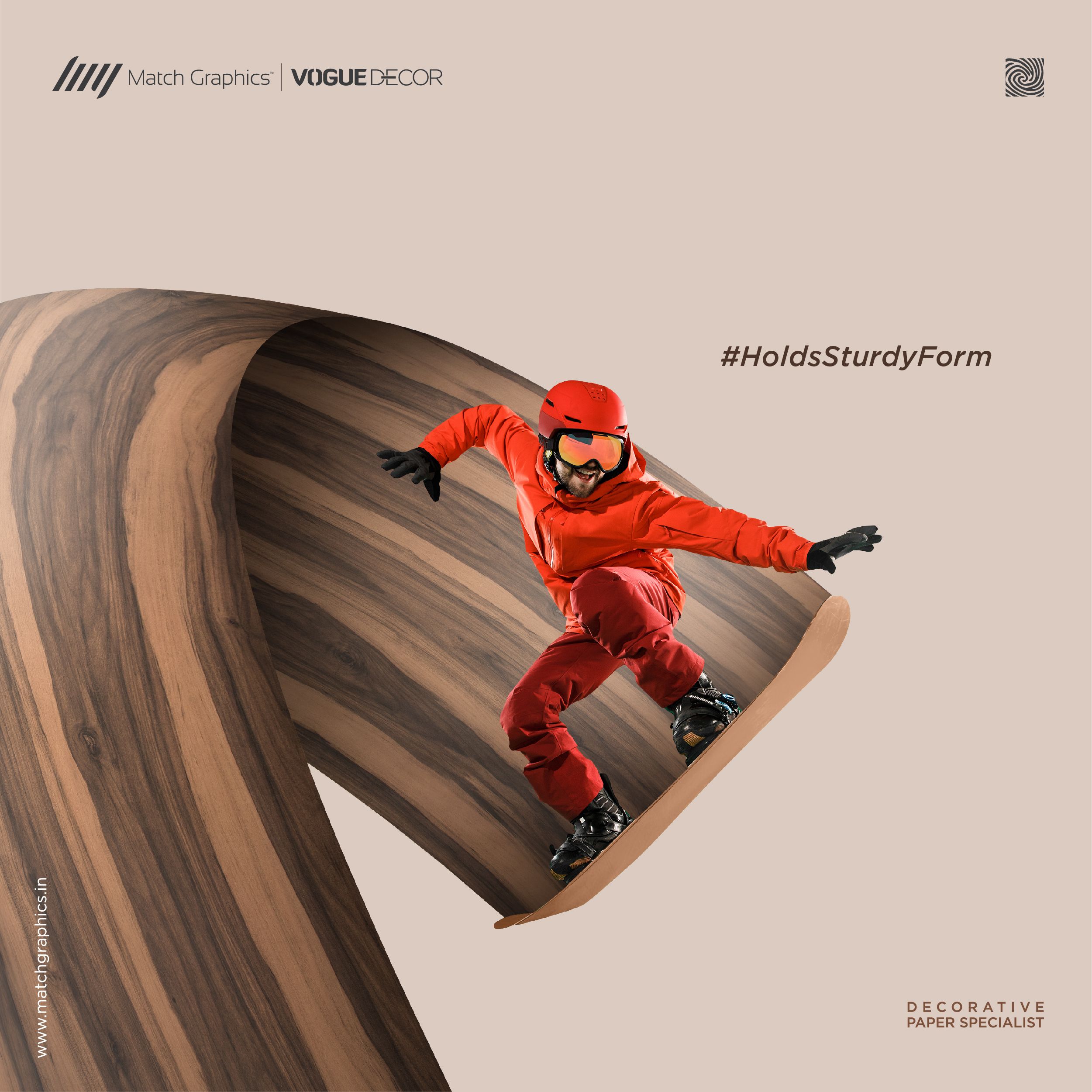 Instagram post: Snowboarder riding a curling wave of wood-grain decorative paper