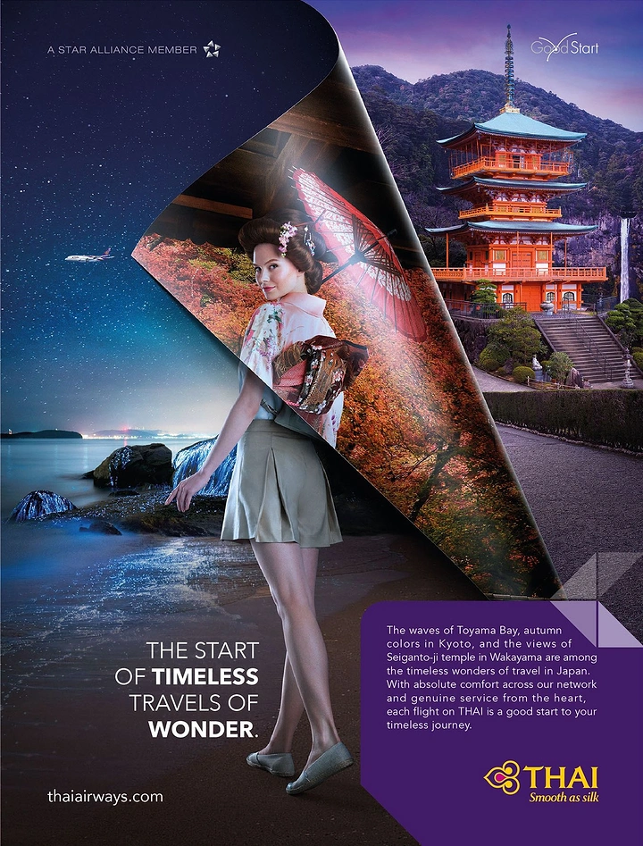 Creative ad: Woman whose outfit peels back like a page to show a geisha and autumn temple